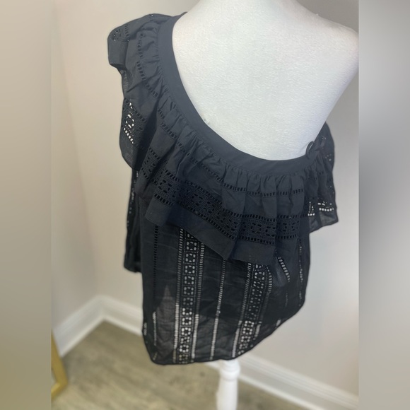 Retail $298 Veronica Beard CRUZ RUFFLED ONE SHOULDER TOP BLACK COTTON EYELET TOP - Picture 8 of 11